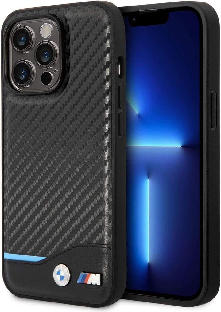 BMW Handyhülle für iPhone 14 Pro in Schwarz mit horizontaler blauer Linie, PU-Kohlefaser-Schutzhülle