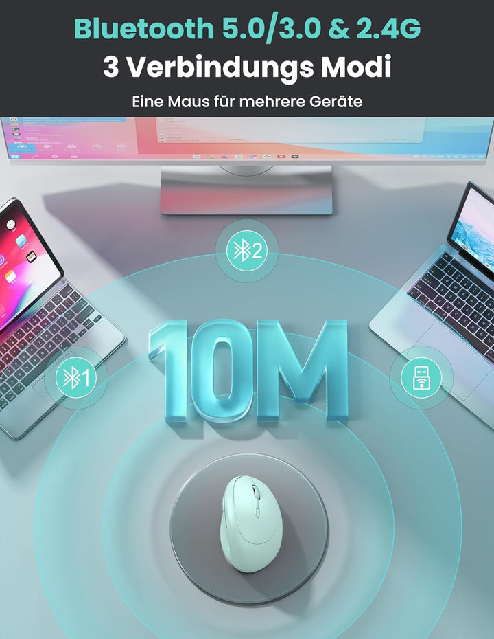 TECKNET Ergonomische Maus Bluetooth, Wiederaufladbar Maus Kabellos mit 3 Gerät (BT 5.0/3.0 + 2.4G),