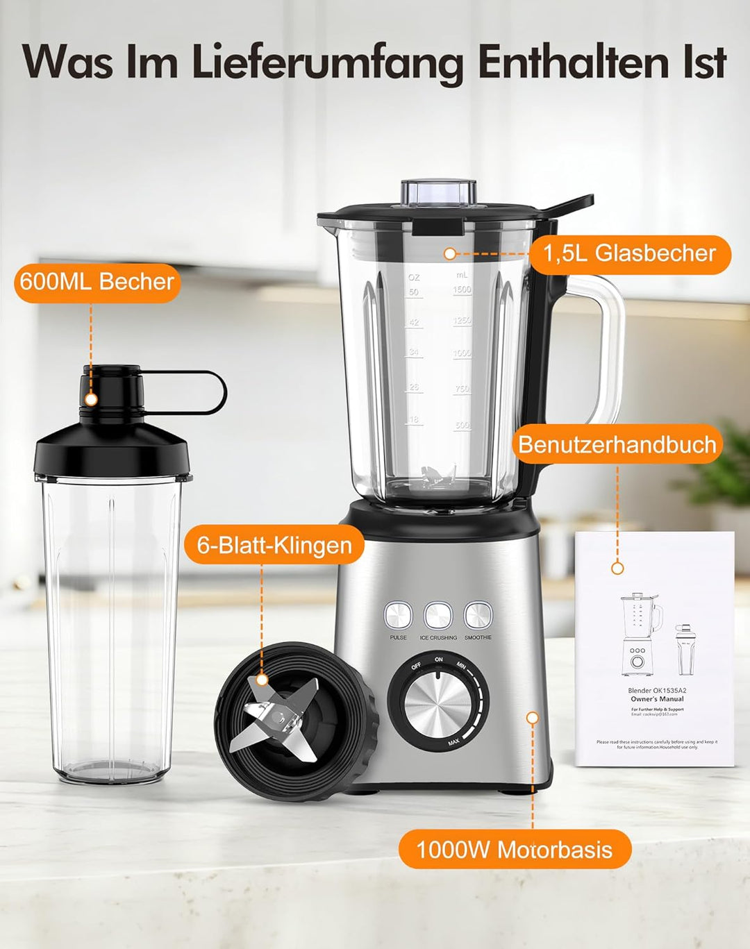 Mixer, Smoothie Maker & Standmixer, Hochgeschwindigkeits Mixer Smoothie Maker 1,5L Glasbehälter&600m