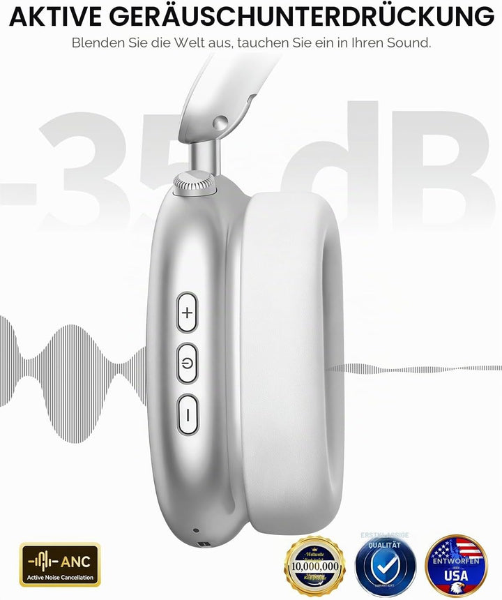 Wentronic Y02 Aktive Noise Cancelling Kopfhörer,60 Std.5 EQ-Musikmodi,Hi-Res-Audio,Tiefe Bässe,faltb