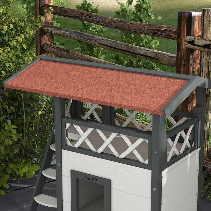 PawHut Katzenhaus aus Holz Winterfest wasserdicht Katzenhütte mit Asphaltdach Terrasse Treppe Katzen