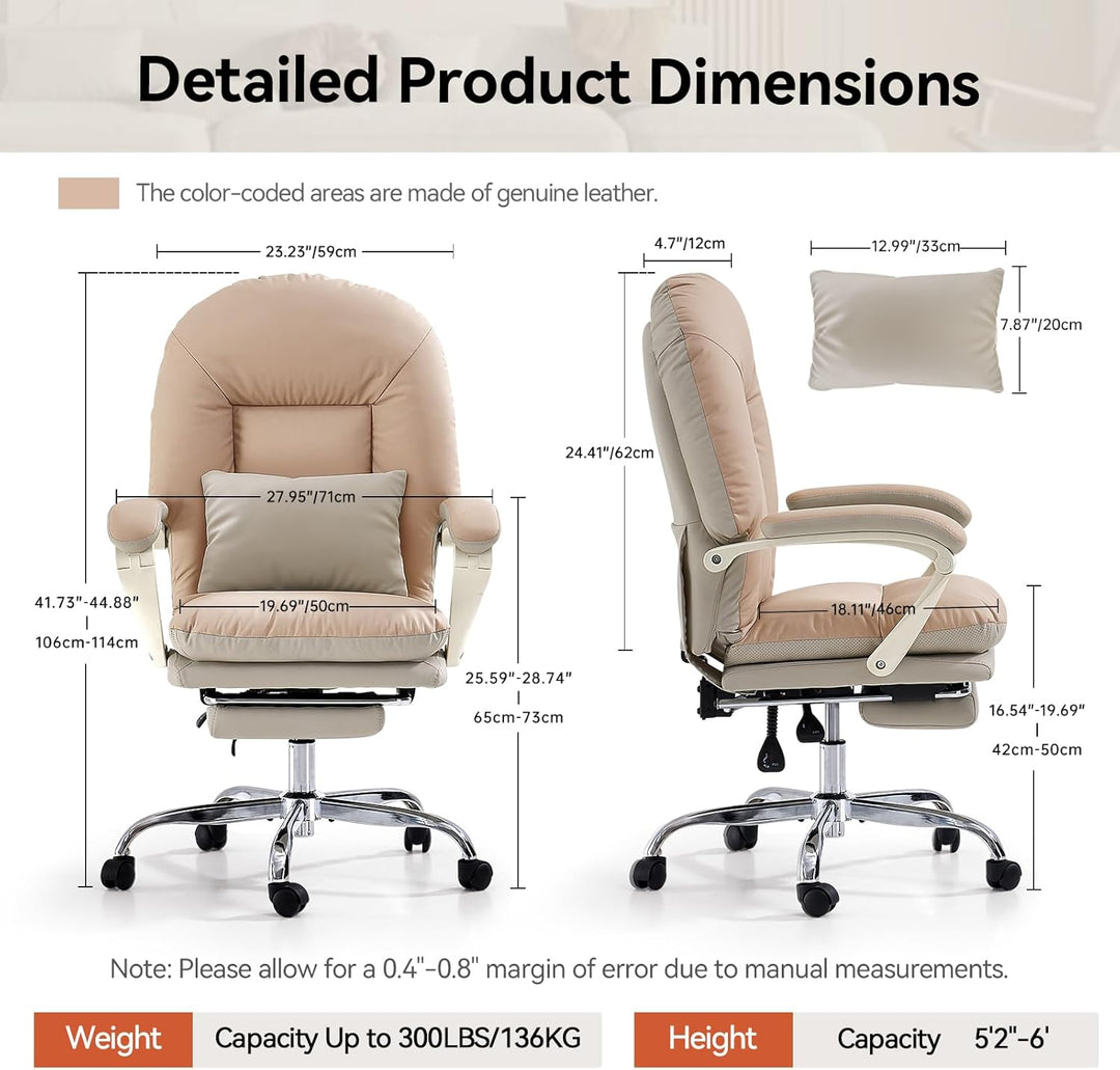 EMIAH Ergonomischer Bürostuhl mit Fussstütze, Verstellbarer Schreibtischstuhl Echtes Leder, Bequeme