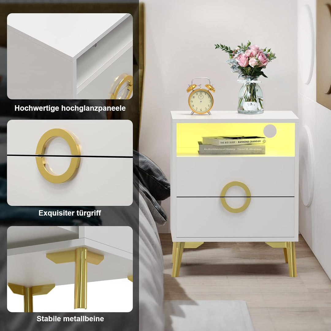 Lvhecforhm 2er Set Nachttisch Weiss, Nachttische Hochglanz Front, Nachttisch mit 2 Schubladen, Nacht
