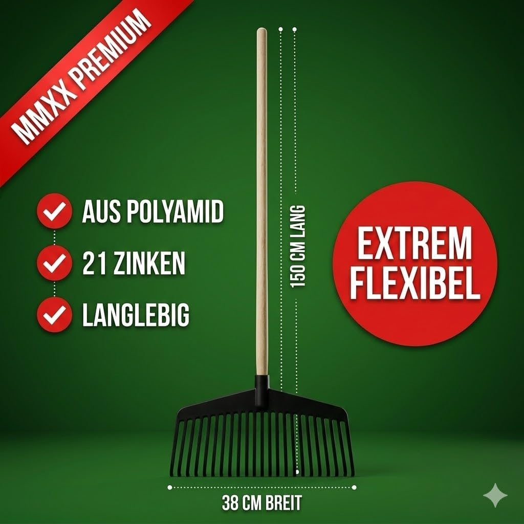 Laubbesen mit Stiel 150cm – Unzerbrechlicher Fächerbesen aus Polyamid – 21 Zinken Laubrechen für Gar