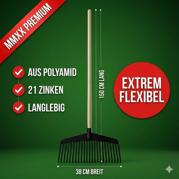 Laubbesen mit Stiel 150cm – Unzerbrechlicher Fächerbesen aus Polyamid – 21 Zinken Laubrechen für Gar