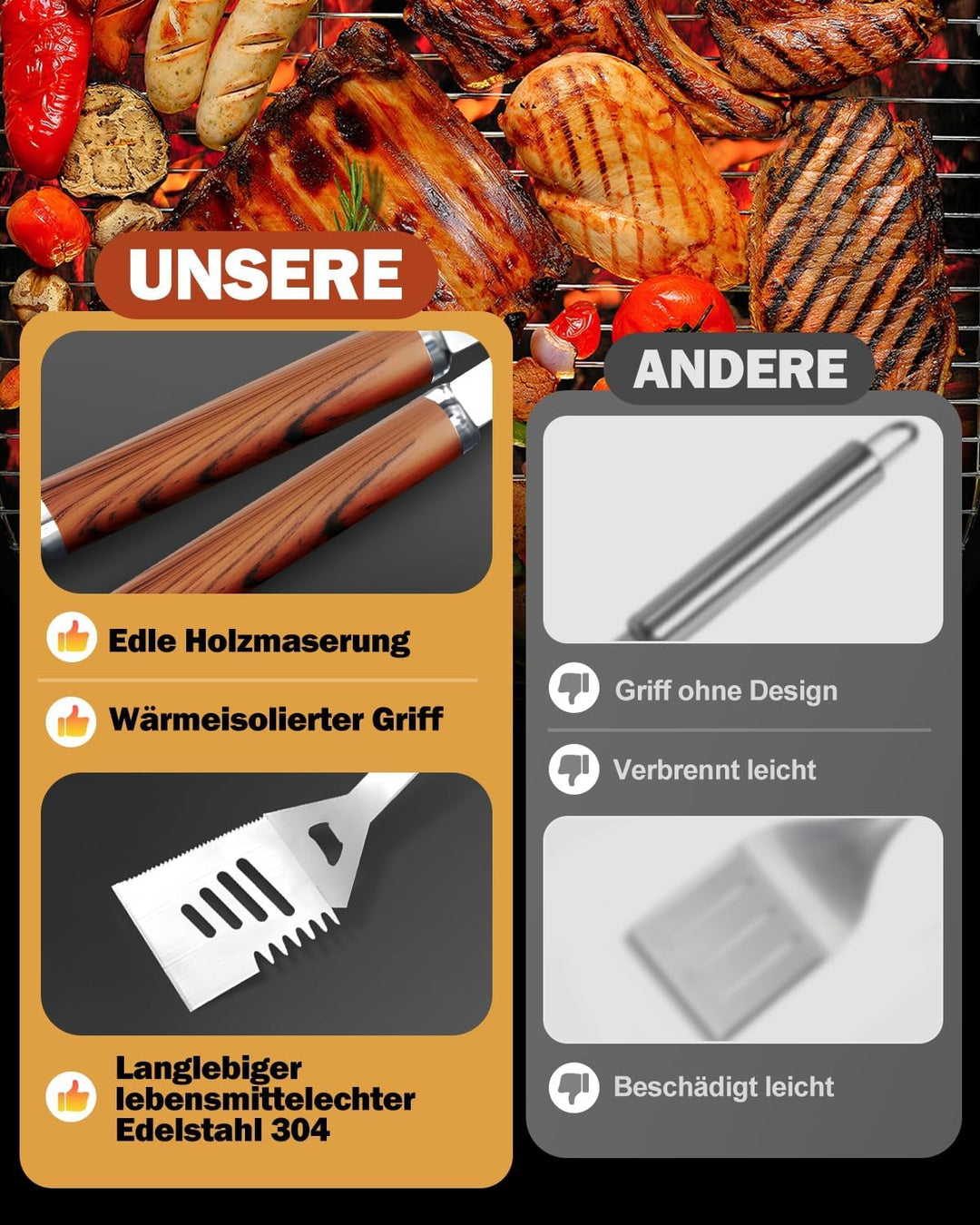 Grillbesteck Set, 6-teilig Edelstahl Grill Zubehör mit Tragetasche, Umfassendes Grillbesteck für das