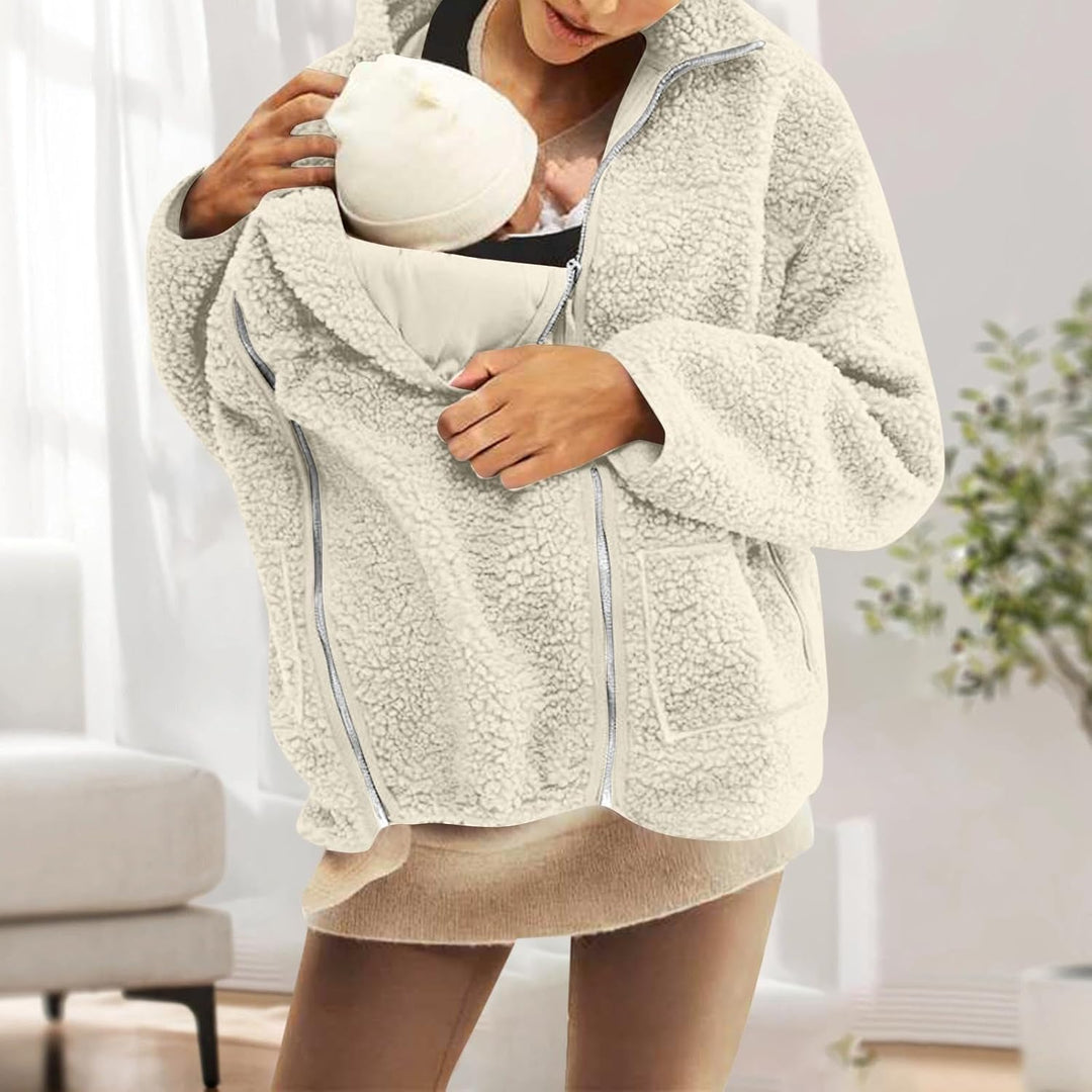 SYDUZAX Umstandsjacke mit Babyeinsatz Warm Teddy Fleecejacke Umstands Baumwolljacke Winter Umstandsm