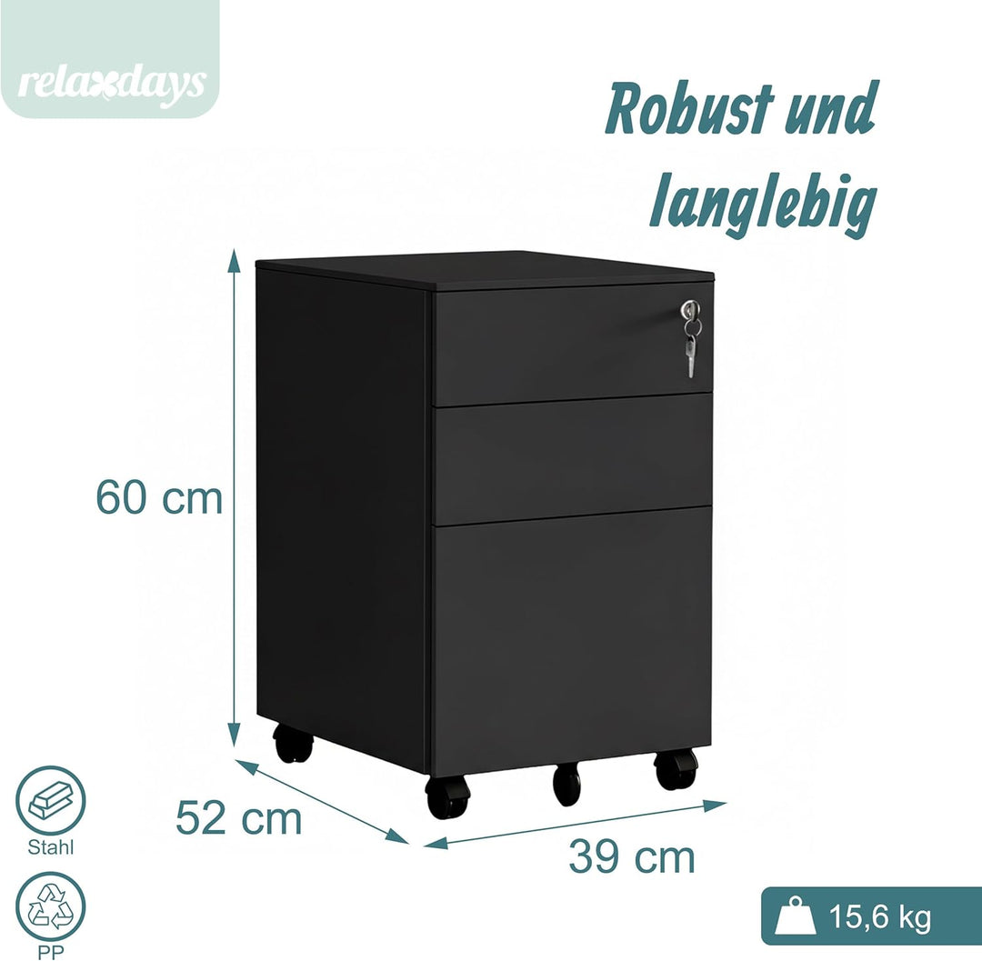 Relaxdays Rollcontainer, 3 Schubladen, HxBxT: 60 x 39 x 52 cm, abschliessbar, Aktenschrank auf Rolle