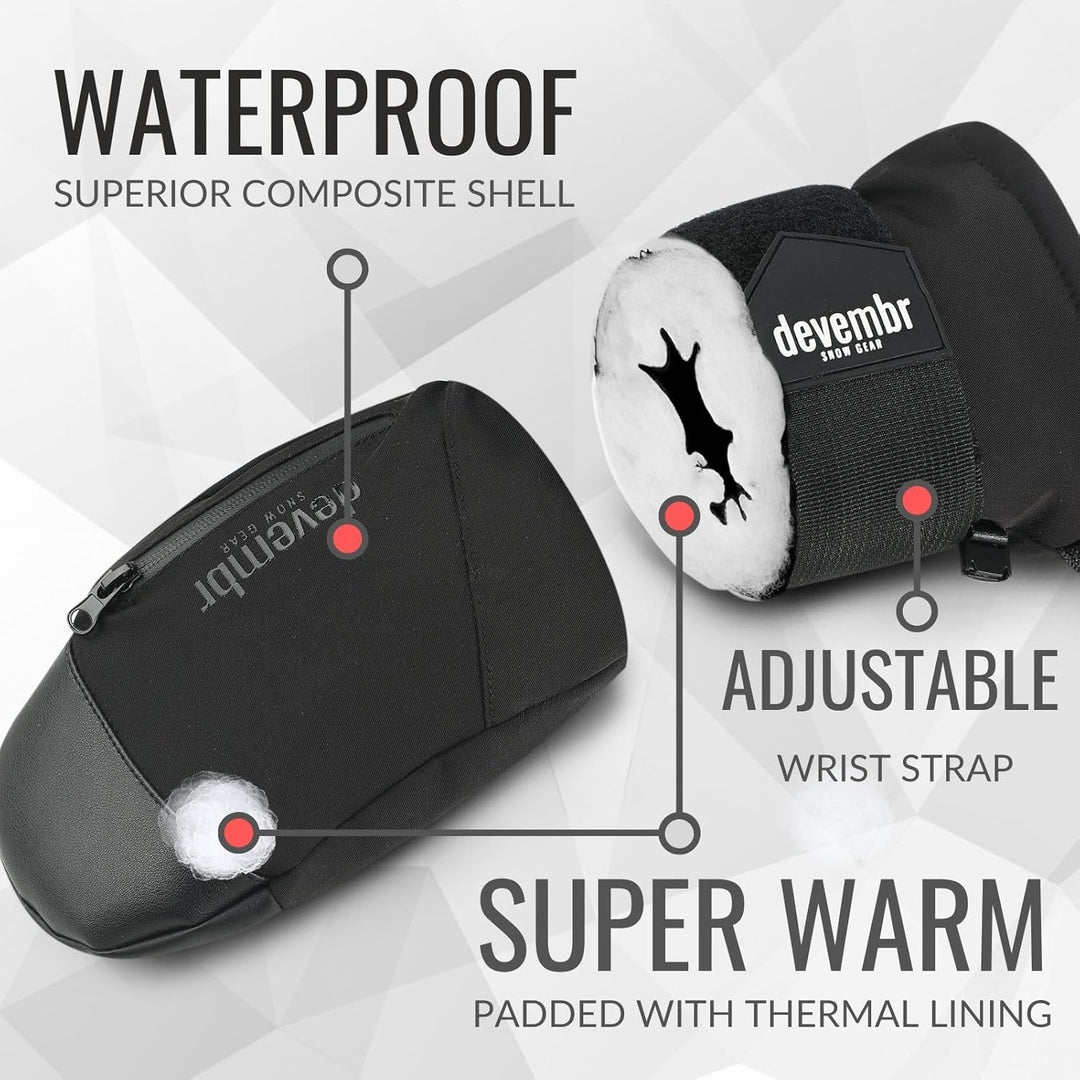 devembr Ski-Fäustlinge mit Handgelenkschützern, Warme Snowboard-Fäustlinge, Wasserdicht (S/M/L) Schw