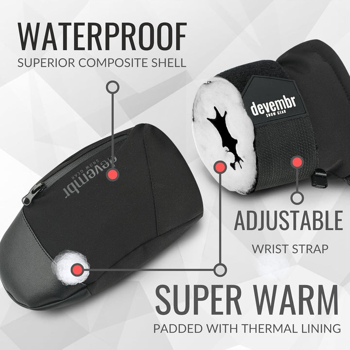 devembr Ski-Fäustlinge mit Handgelenkschützern, Warme Snowboard-Fäustlinge, Wasserdicht (S/M/L) Schw