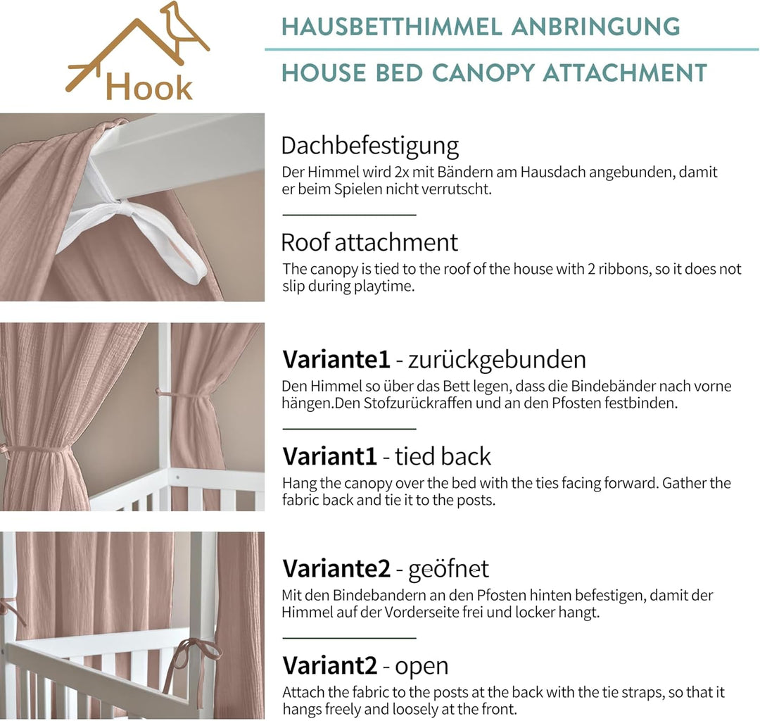 Hausbett Himmel Deko Set, Betthimmel Hausbett aus Musselin - 2 Betthimmel & 1 Wimpelkette, für Junge