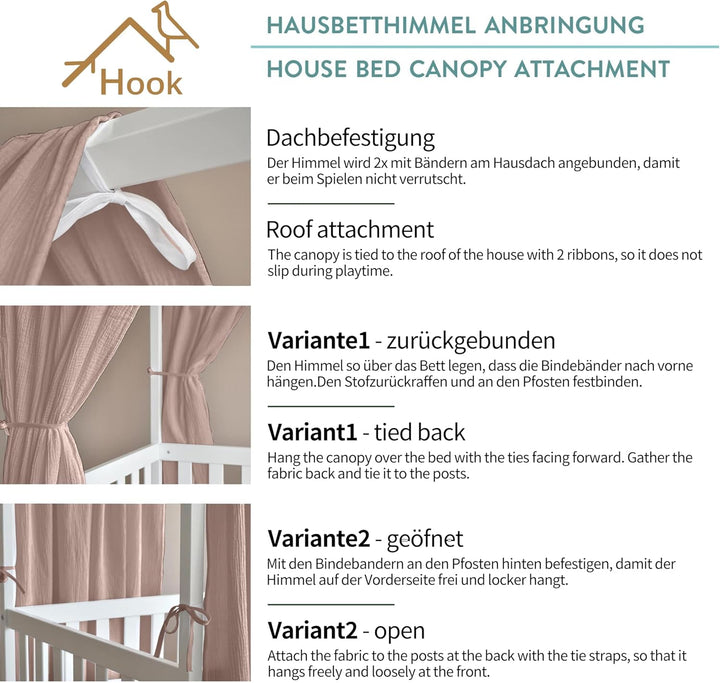Hausbett Himmel Deko Set, Betthimmel Hausbett aus Musselin - 2 Betthimmel & 1 Wimpelkette, für Junge