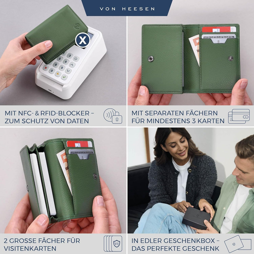 VON HEESEN® Visitenkartenetui Leder mit RFID-Schutz - Platz für 50 Visitenkarten - 6 Fächer - Visite