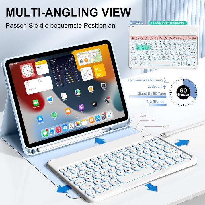 Hülle mit Tastatur für iPad 11 Generation A16/10 Generation (11/10.9 Zoll,2025/2022),7-farbige Beleu