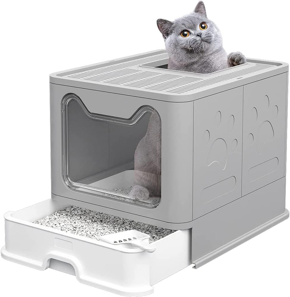 Katzenklo, Katzentoilette mit Deckel, Katzenklo inklusive Schaufel, ausziehbares Tablett, 2 Öffnunge