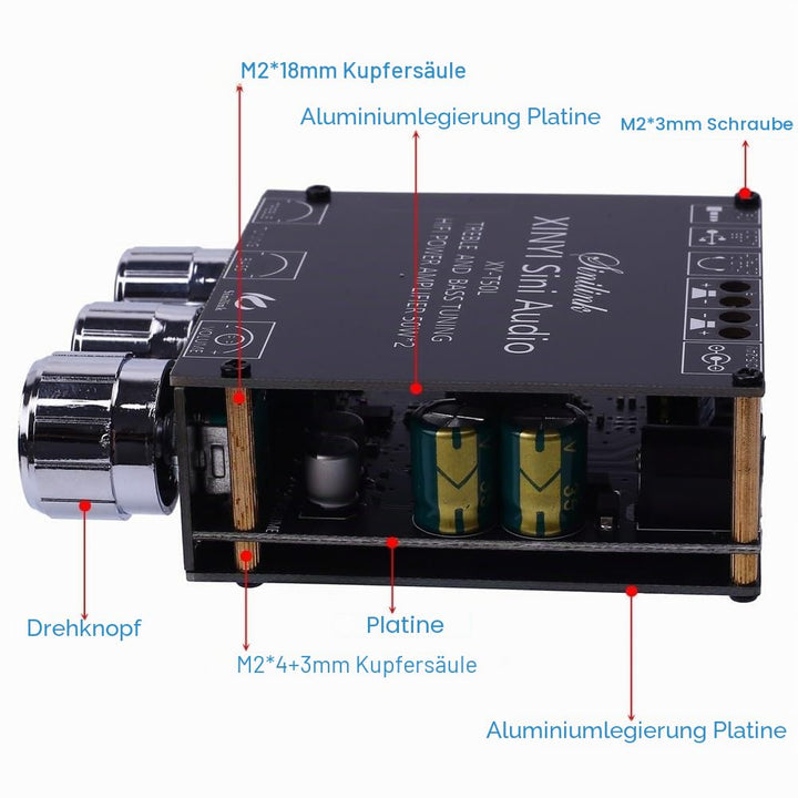 Endverstärkerplatine, DC 5V-26V Bluetooth Amplifier Board 2.0 Kanal 50W*2 BLE5.0 Treble Bass AUX/U-D