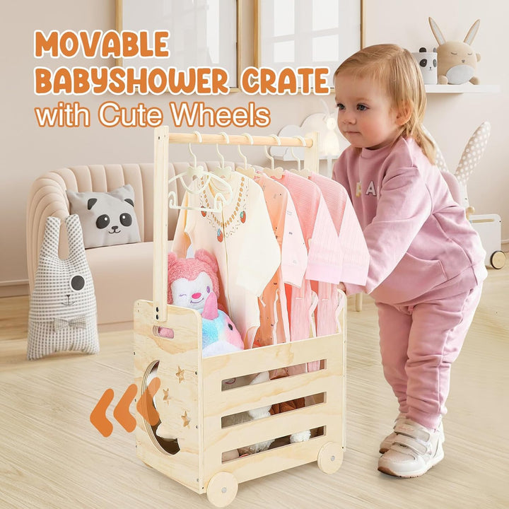 Holzkiste für Babyparty mit Stange - Holzkiste Geschenk mit Baby Kleiderbügel - Baby Shower Geschenk