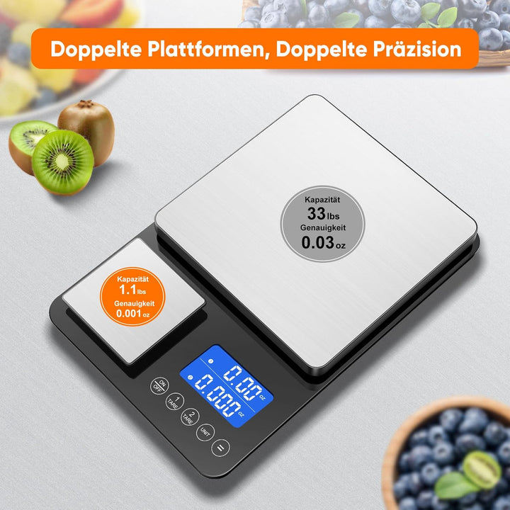 BRICH Digitale Küchenwaage mit Dual-Plattform, 15kg/1g & 500g/0.01g Präzisionswaage mit Tara- & Summ