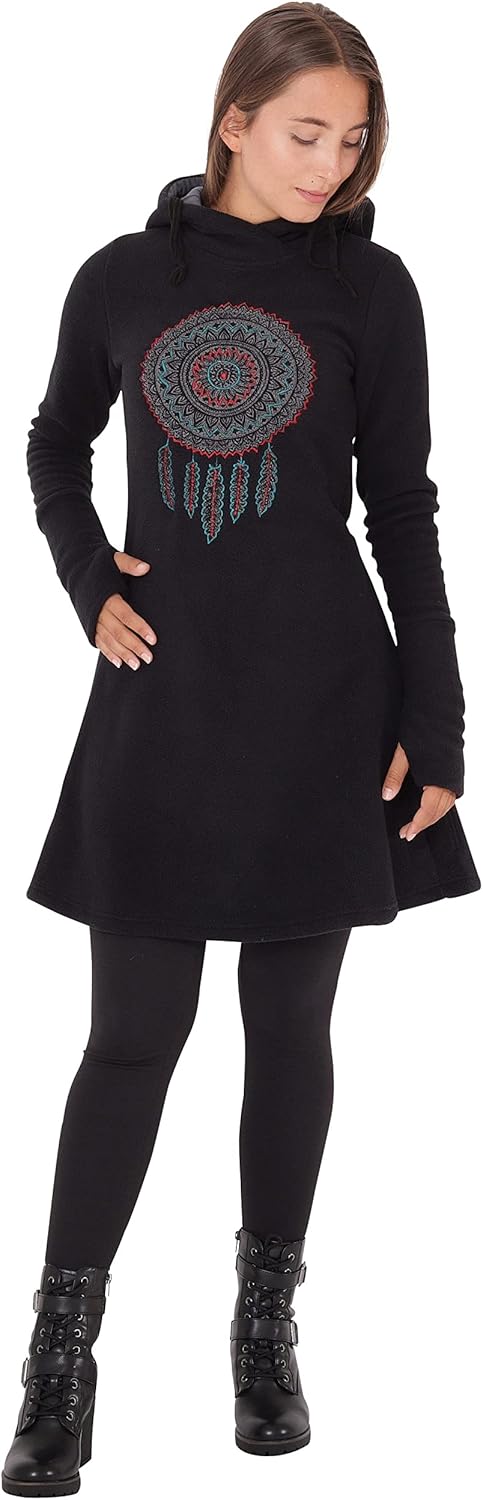 PUREWONDER Damen Kleid Fleecekleid mit Traumfänger und Kapuze dr31 S Schwarz, S Schwarz