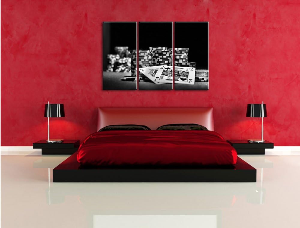 Pixxprint Monocrome, Pokertisch mit Karten in Las Vegas 3-Teiler Leinwandbild 120x80 Bild auf Leinwa
