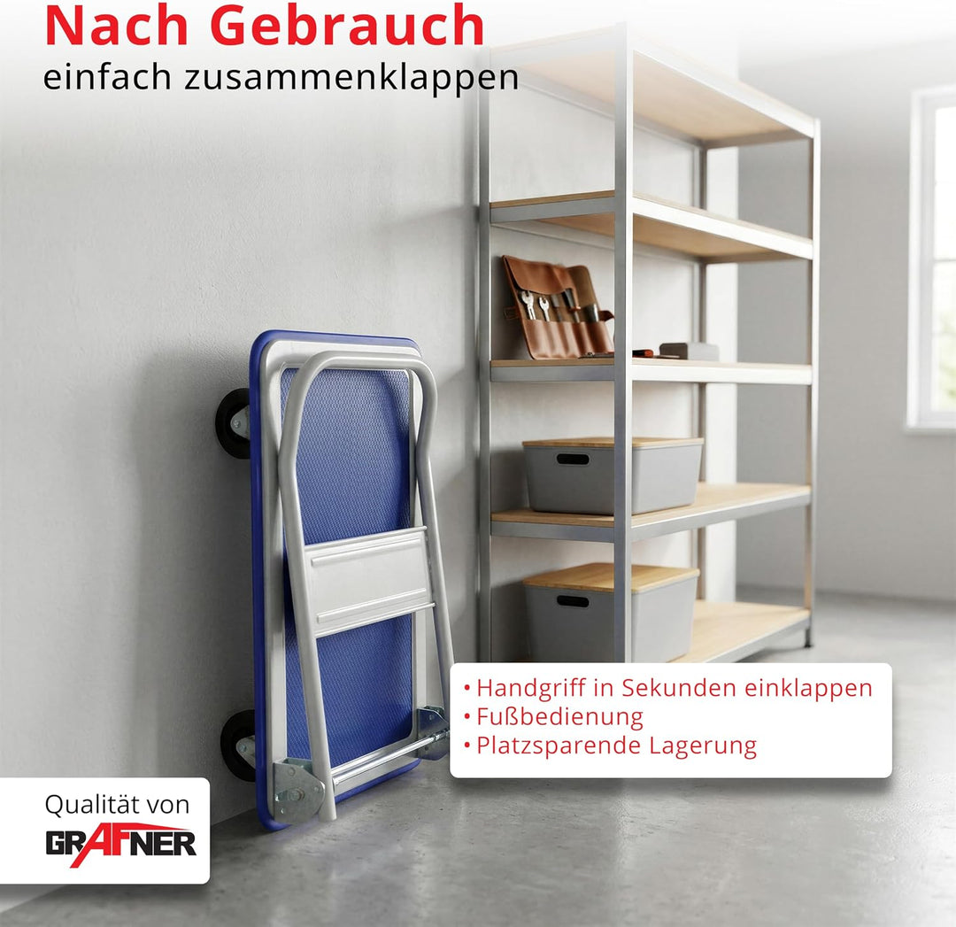 Grafner Industrie Plattformwagen mit pannensicheren Reifen, klappbar, 150 kg Tragkraft, Antirutsch-B