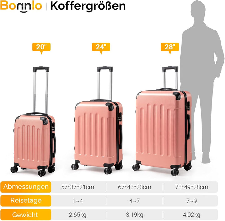 Bonnlo Kofferset 3 Teilig, Hartschale Koffer Set, Reisekoffer mit 4 Rollen, ABS-Trolley M-L-XL, mit
