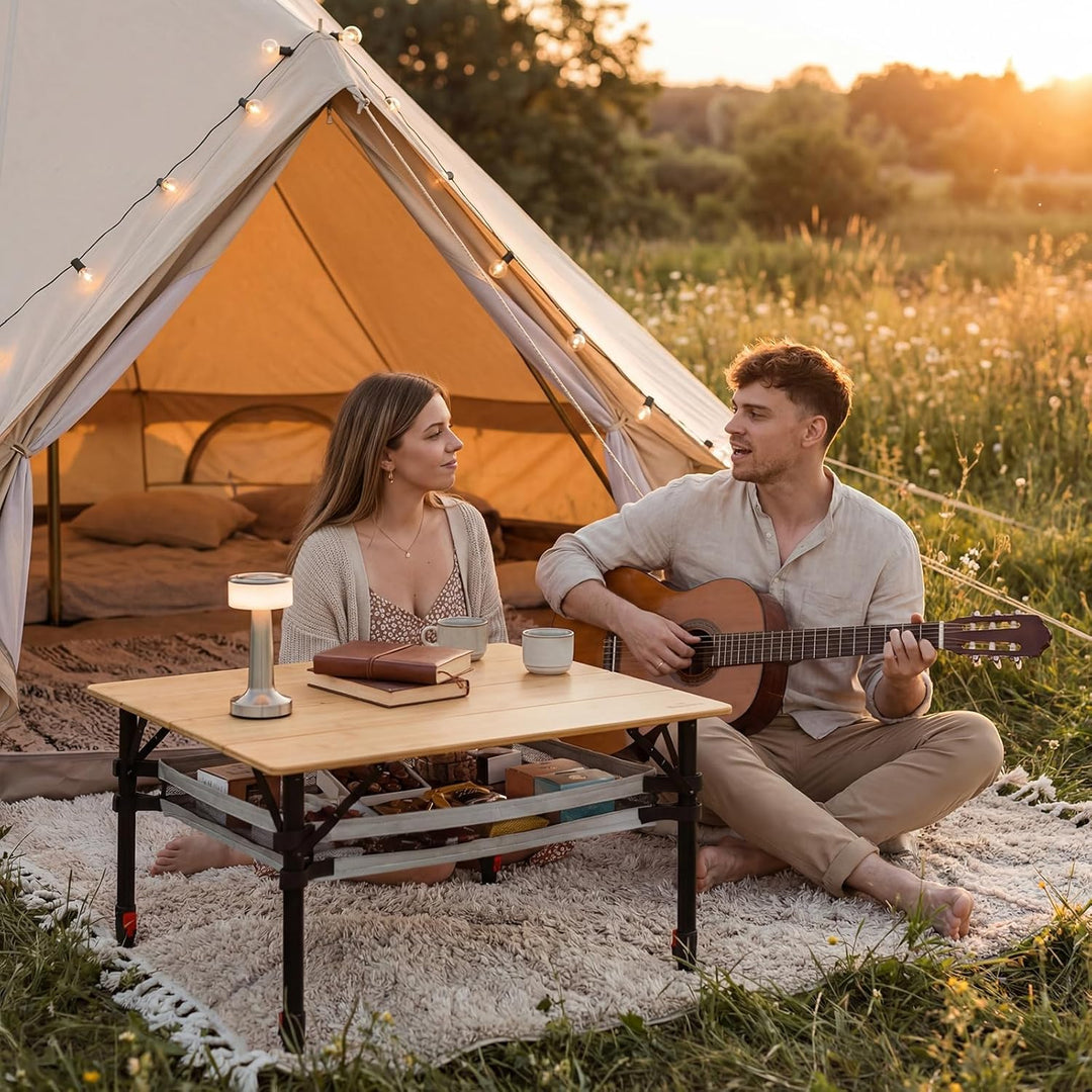 Campingtisch klappbar Bambus, stufenlos höhenverstellbar 47–65 cm, faltbarer Campingtisch mit Alumin