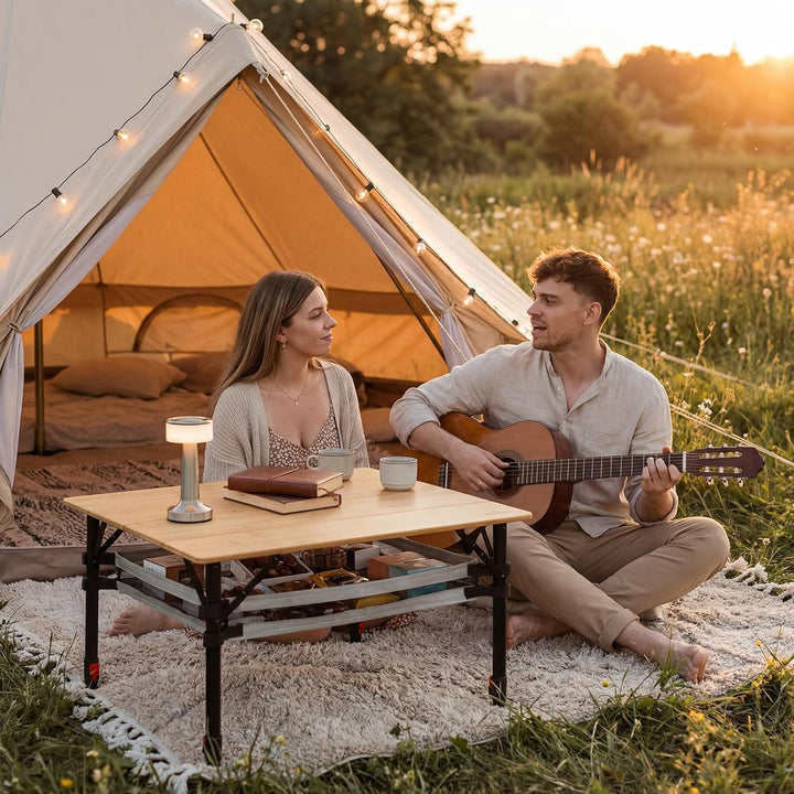 Campingtisch klappbar Bambus, stufenlos höhenverstellbar 47–65 cm, faltbarer Campingtisch mit Alumin