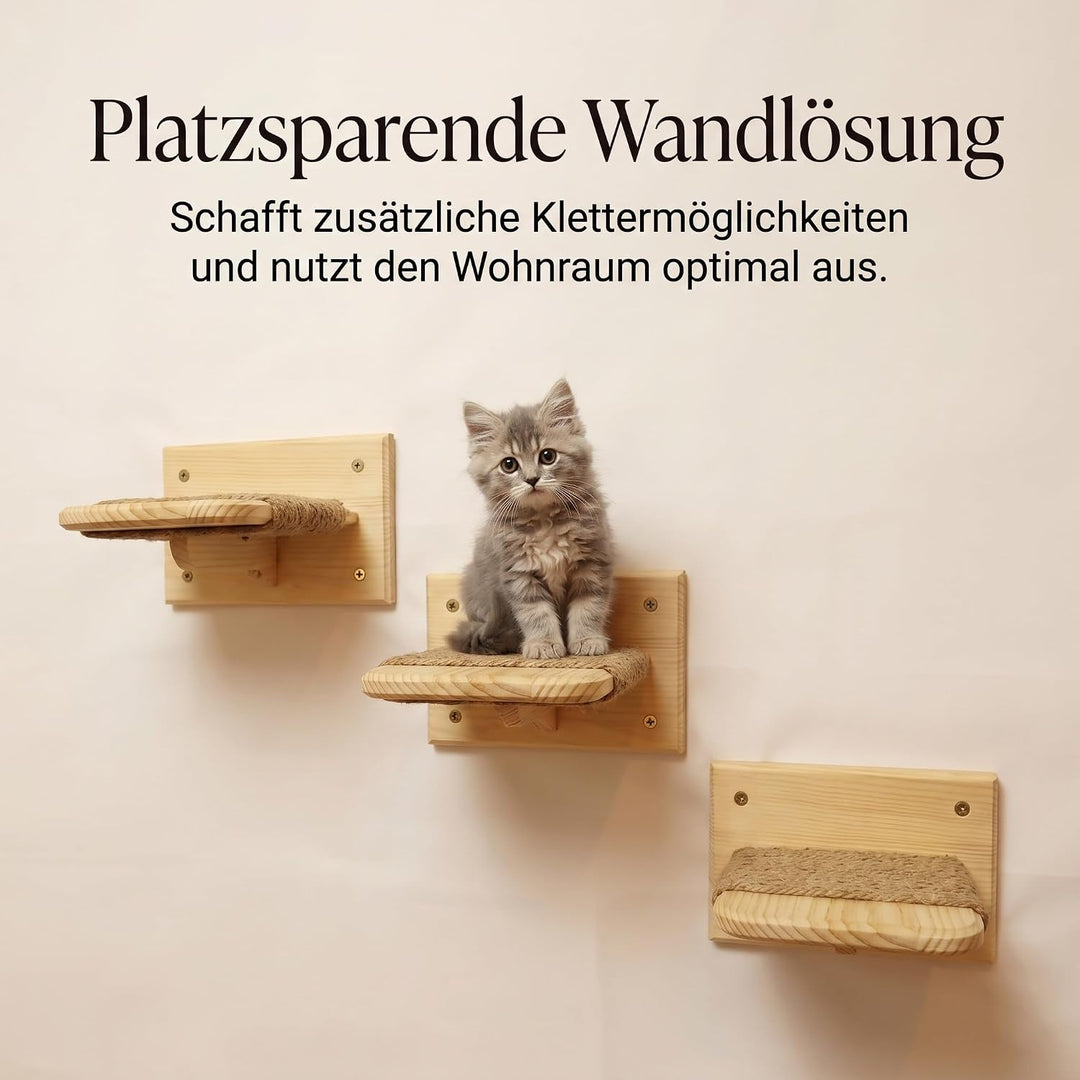 Katzen Wandtreppe aus Massivholz – 3er Set Kletterstufen für Katzen mit Juteseil – Katze Wandmöbel a