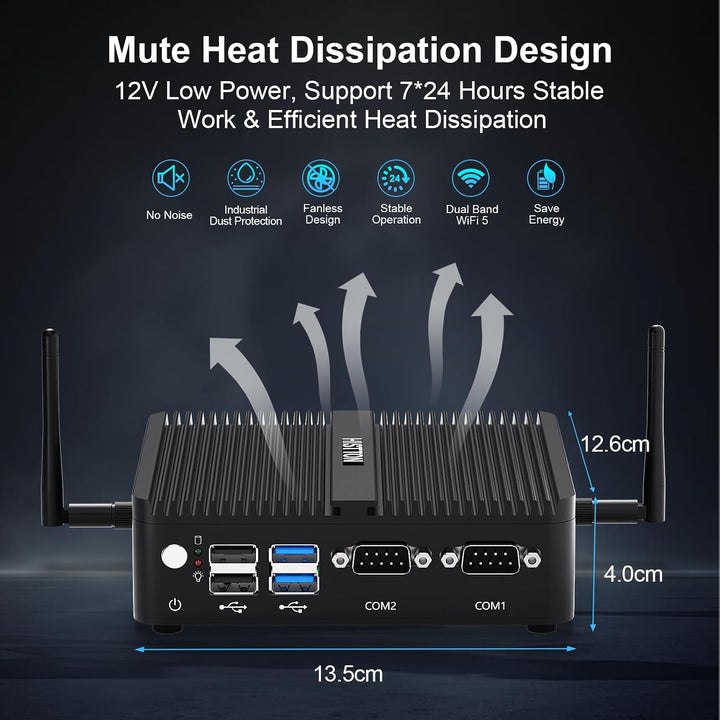 HISTTON N100 Mini PC Lüfterlos, DDR4 8GB RAM 128GB SSD, Industrie PC mit 2 RS232 COM, Dual LAN, WiFi