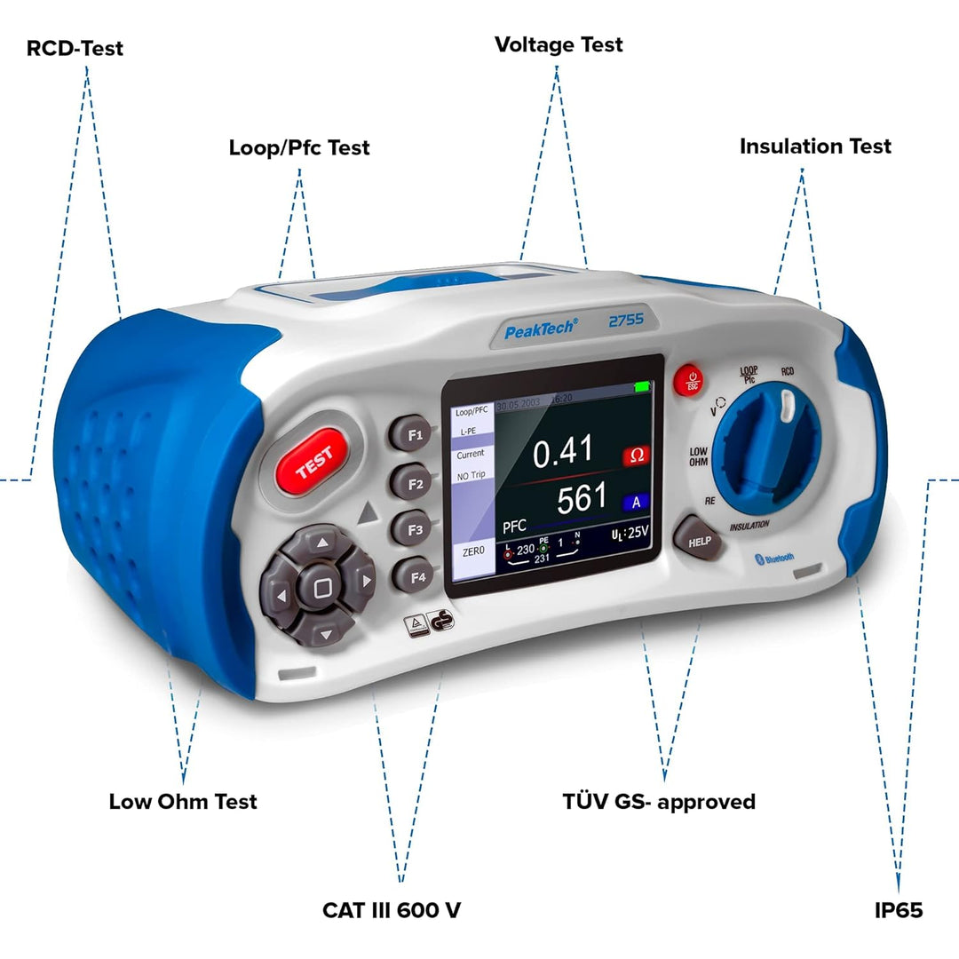PeakTech 2755 – VDE-0100 Installationstester mit Bluetooth & True RMS Digital Multimeter mit 4.0 Blu