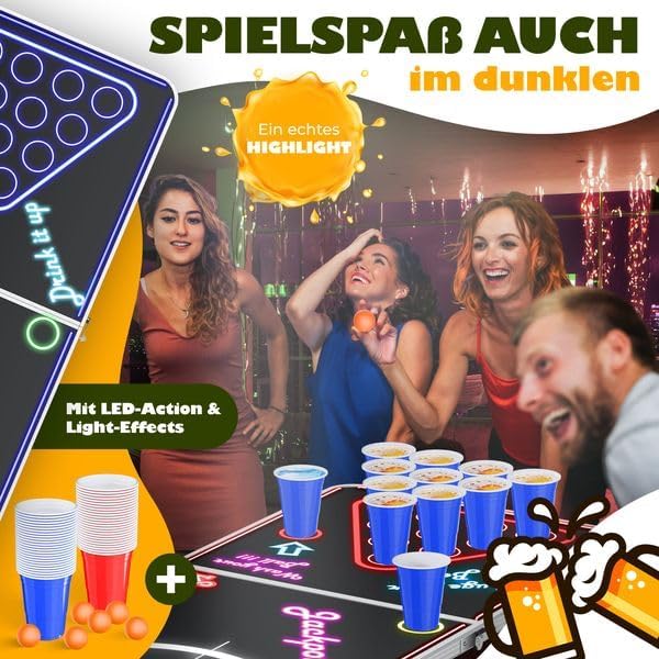 KESSER® Bier Pong Tisch Set mit Kartenspiel Trinkspiel LED-Action inkl. 100 Becher (50 Rot & 50 Blau