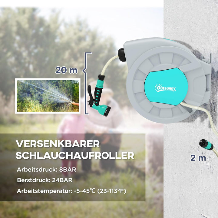 Outsunny Schlauchtrommel mit Gartenschlauch 20m, 180° schwenkbar Schlauchbox, Schlauchaufroller zur