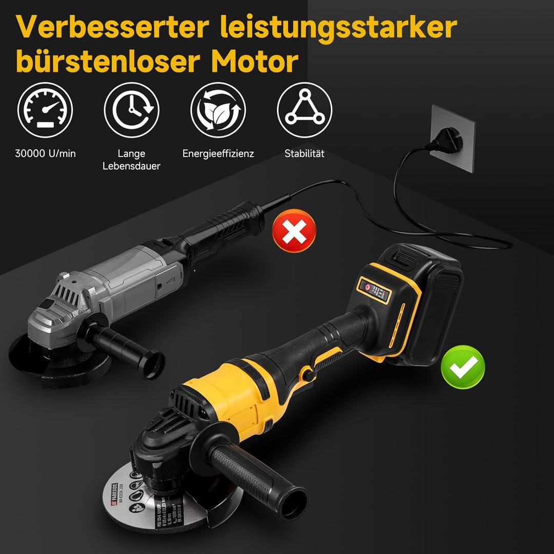 21V Akku-Winkelschleifer mit bürstenlosem Motor, inklusive Akku und Ladegerät, 125-mm-Trennscheiben