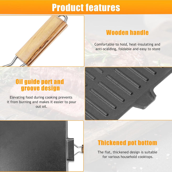 Houkiper Steakpfanne 24x24 cm – Rechteckige Steakpfanne mit Grillrillen, Grillpfanne Gusseisen Induk