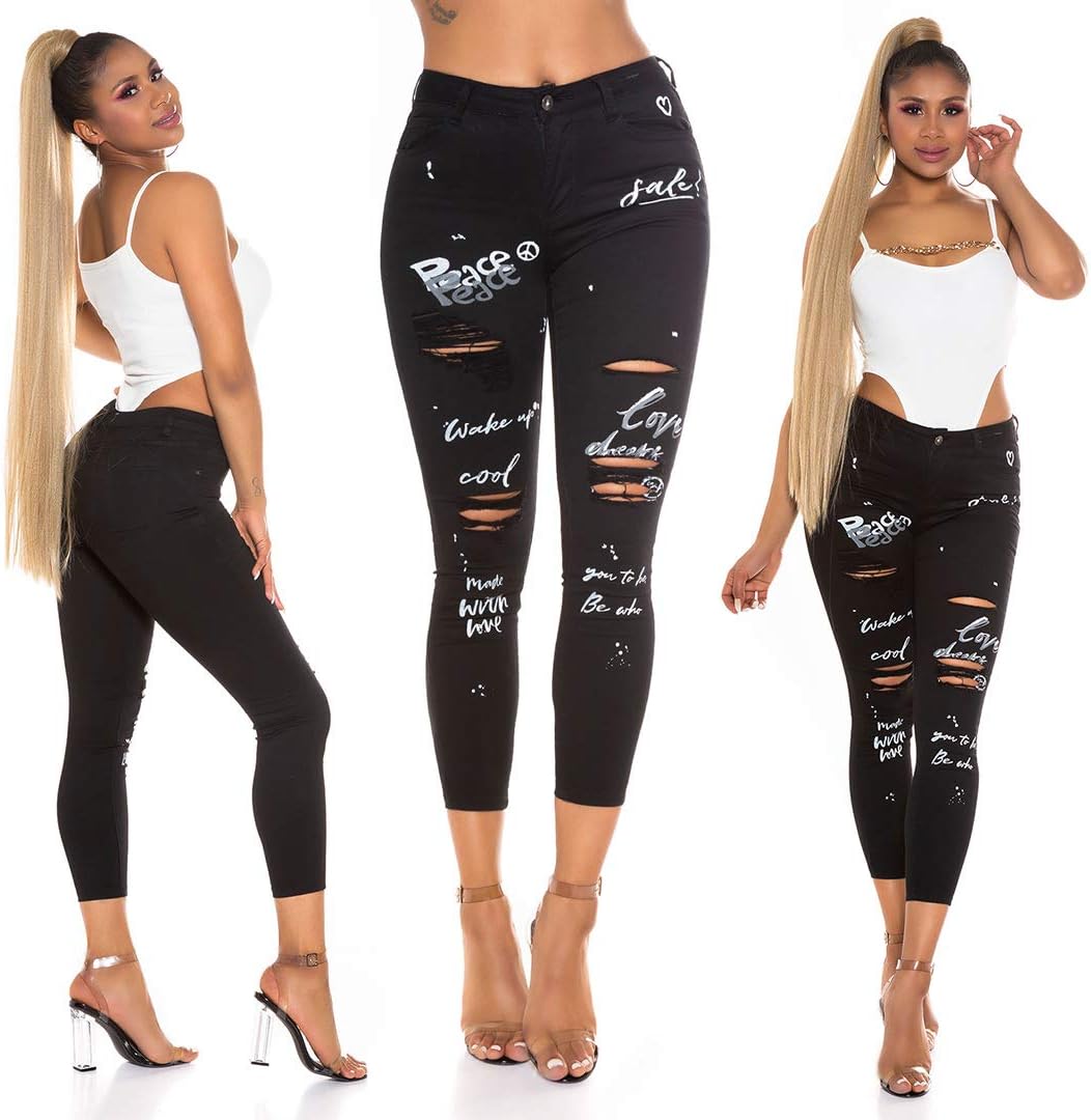 Miss RJ Jeans High Waist Damen Skinny Jeans Jeanshose Used Look mit Schriftzug Print 36 Schwarz, 36