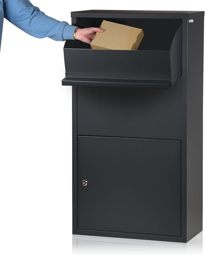 Zelsius Briefkasten mit Paketfach Merkur | pulverbeschichteter Stahl mit Edelstahl Elementen | RAL70