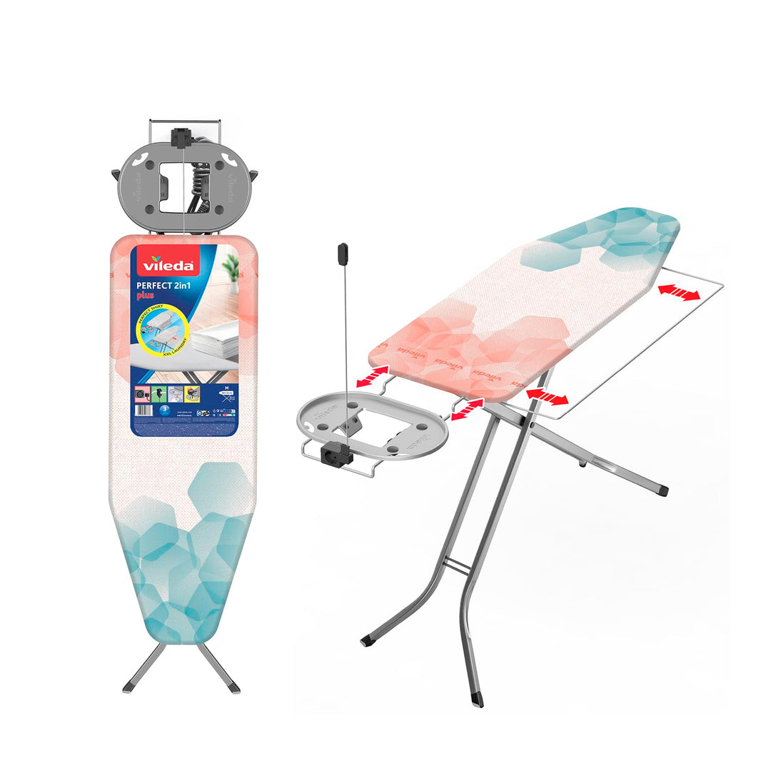 Vileda Bügelbrett Perfect 2 in 1 Plus, mittlere Oberfläche, 122 x 44 cm, bewegliche Bügeleisenablage