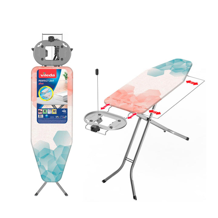 Vileda Bügelbrett Perfect 2 in 1 Plus, mittlere Oberfläche, 122 x 44 cm, bewegliche Bügeleisenablage