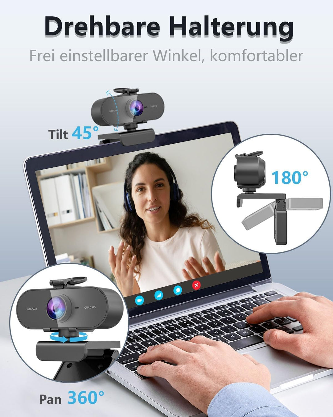 DDKJ Webcam Full HD, 2K Webcam mit Mikrofon, Streaming Kamera Unterstützt 360° horizontale Drehung,