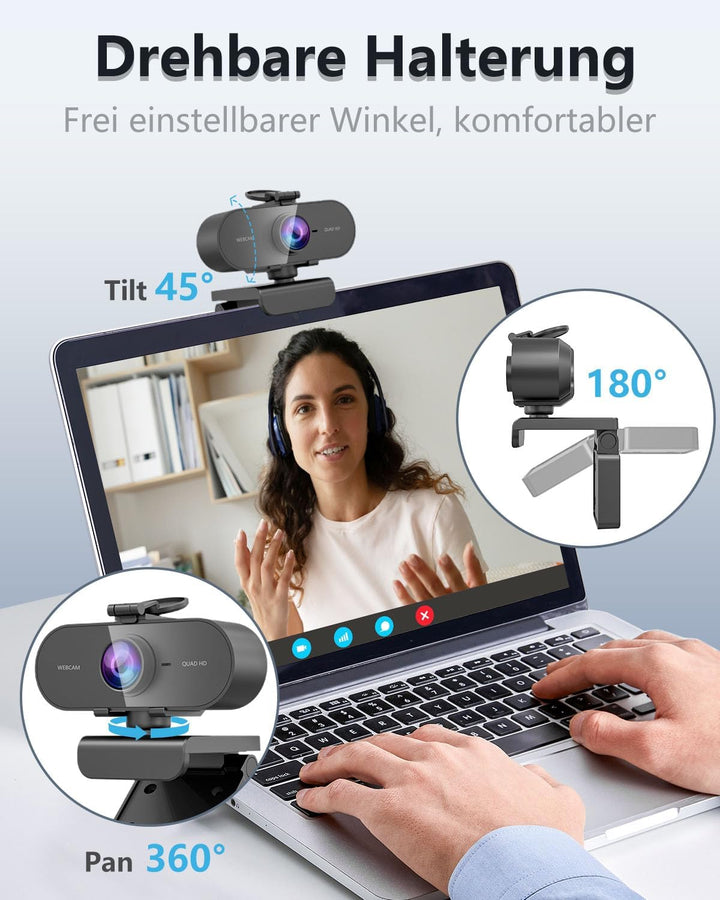 DDKJ Webcam Full HD, 2K Webcam mit Mikrofon, Streaming Kamera Unterstützt 360° horizontale Drehung,
