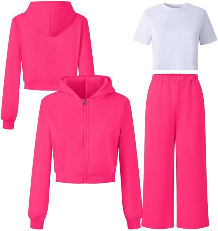 Generisch Mädchen Jogginganzug 3-teilig mit weiter Hose - Set aus Zip-Hoodie, Sweathose und Top · Lä