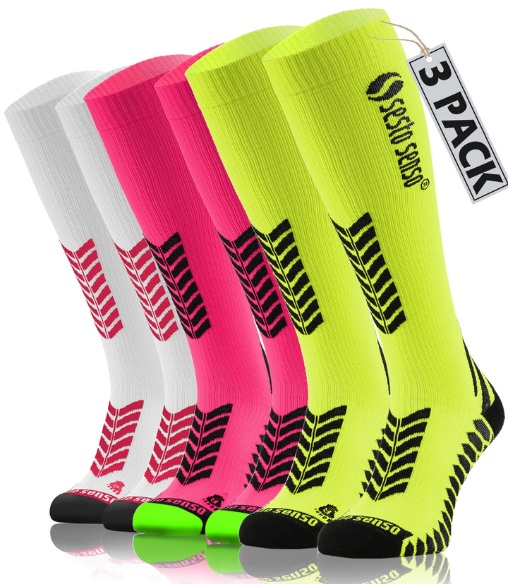 sesto senso 3 Paar Kompressionsstrümpfe Sport Damen Herren Unisex Bunt Hohe Sportsocken Laufsocken,
