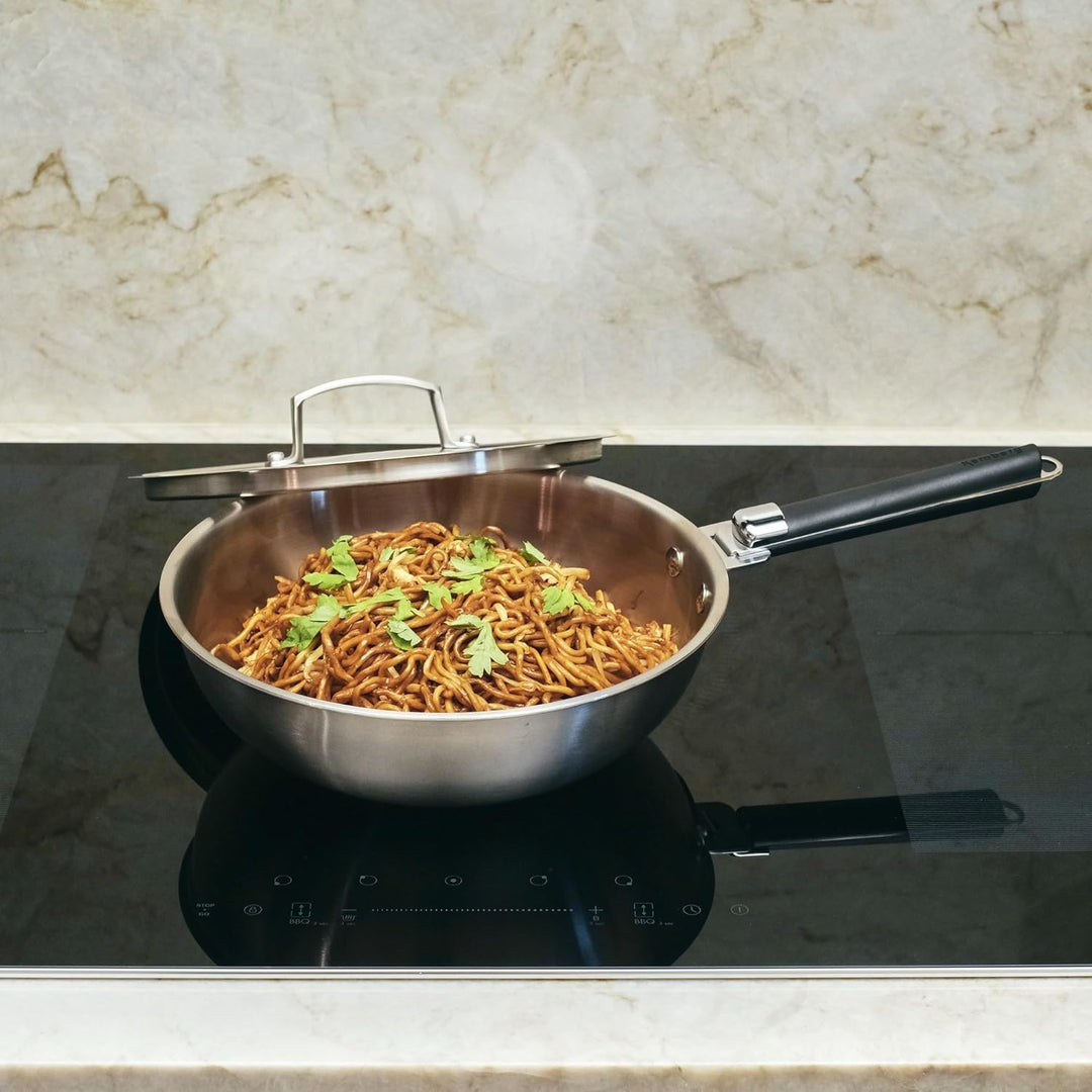 Kamberg - Wok aus Edelstahl, 28 cm, abnehmbarer Griff – Edelstahl 18/10 Triply – für alle Herde, auc