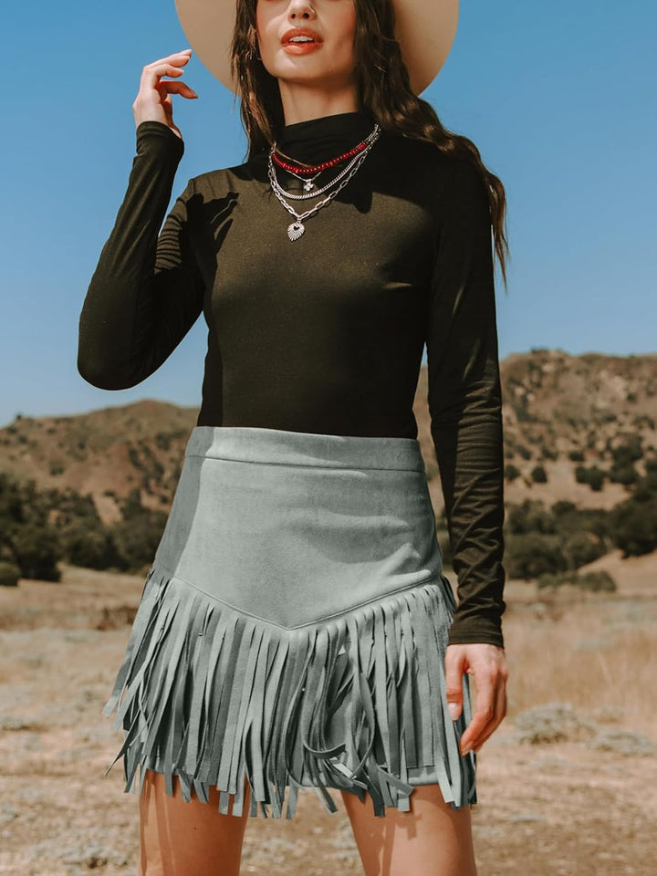 CUPSHE Damen Rock Herbst Winter Fransen Wildleder Rock, High Waist Western Outfit Minirock Mini Skir