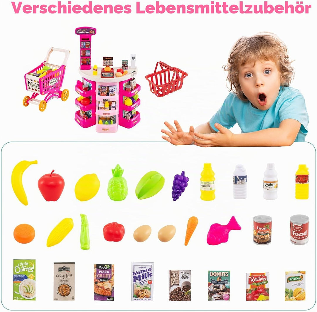 HOMASIS Supermarkt mit Einkaufswagen &amp; 29 Zubehör, Kaufladen mit Licht &amp; Sound, Kaufmannsladen mit K