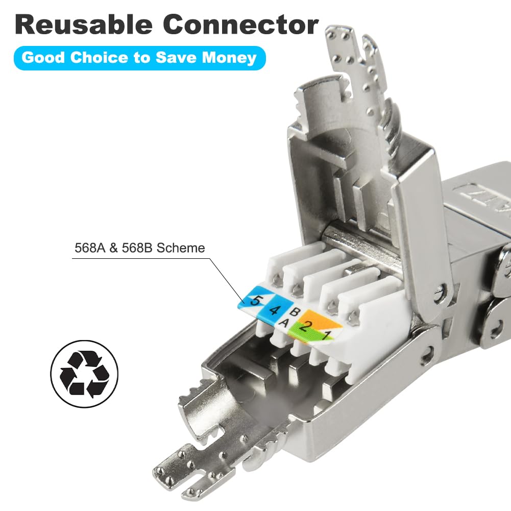 AXFEE 4 x RJ45 Stecker Werkzeuglos für Verlegekabel Cat7 Cat6A, Netzwerkstecker auf Schneidklemme, L