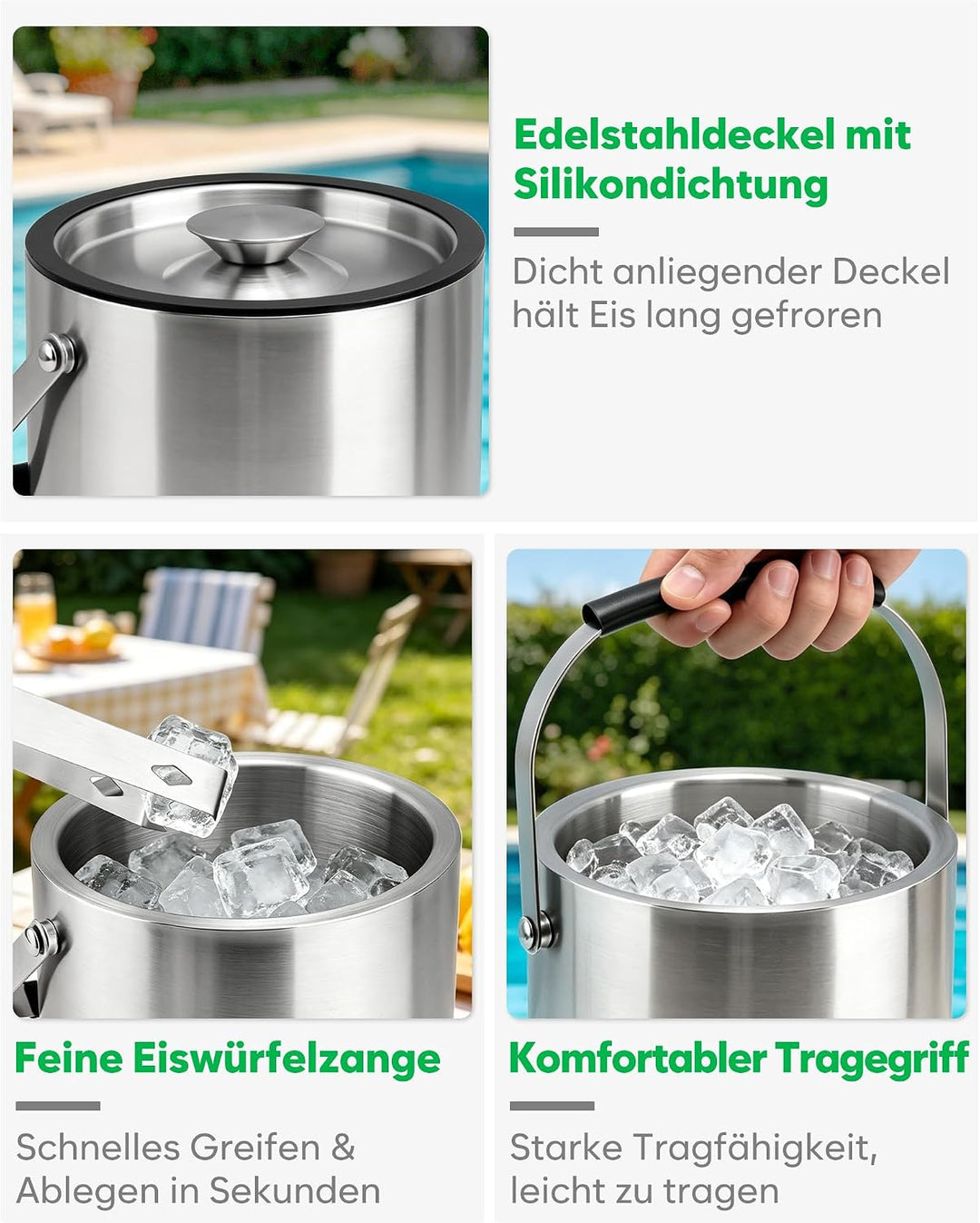 Fire More 3,2L Eiswürfelbehälter, Eiskübel Edelstahl mit Deckel, Clips und Sieb, Tragbar Eisbehälter
