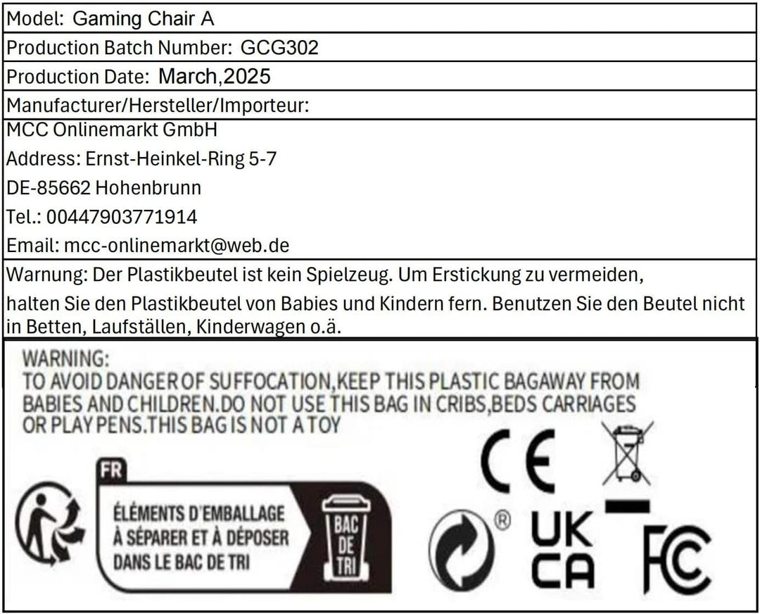 mcc direct Bürostuhl Ergonomisch, Schreibtischstuhl, Drehstuhl, Gaming Sessel, Gamingstuhl (Grau), G