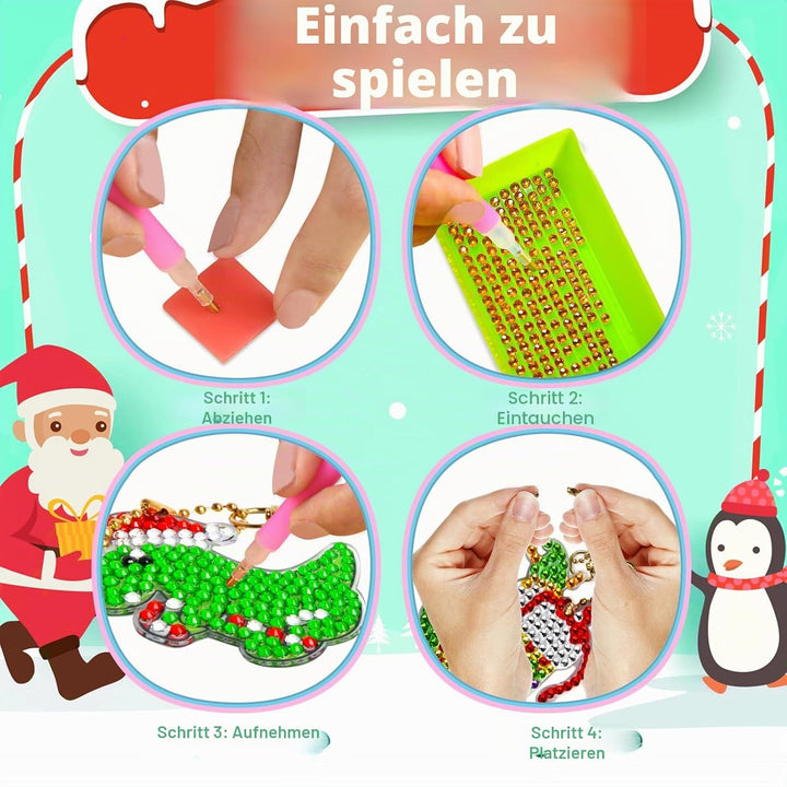 Adventskalender 2025 für Kinder, 24 Stück, DIY-Diamantmalerei, Schlüsselanhänger-Kits, Weihnachts-Co